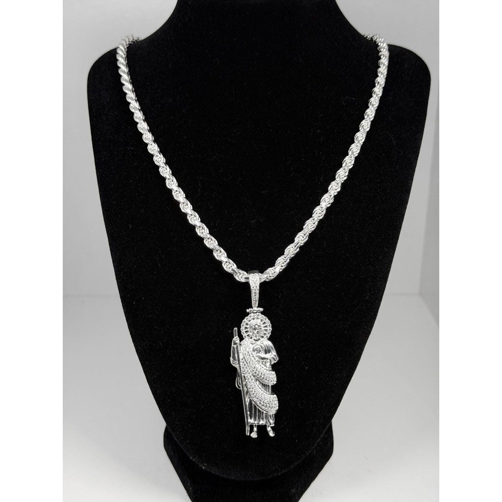 925 Sterling Silver San Judas Tadeo Pendant Rope Chain Necklace 22 Inch